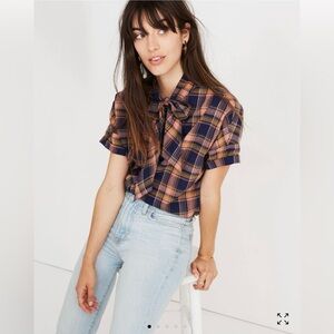 Madewell plaid tie neck short sleeve button down shirt size S